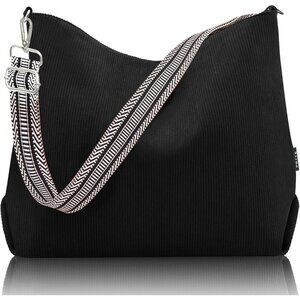 Women’s Black Corduroy Tote Shoulder Bag with Adjustment Straps And Zipper
